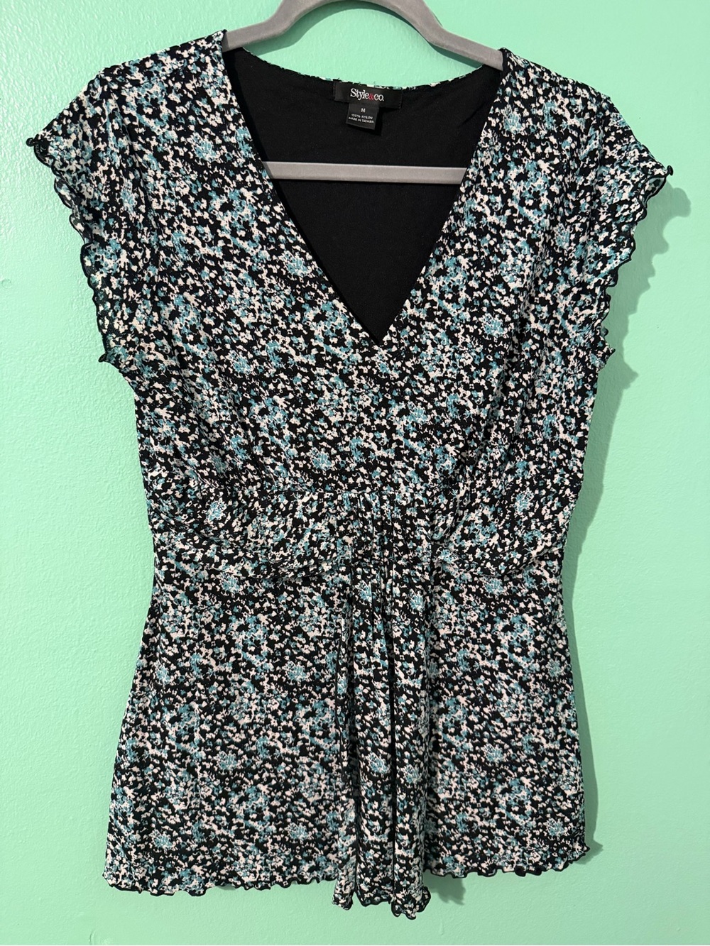 Style & Co. Black Floral Wrap-Front Top with Blue Accents